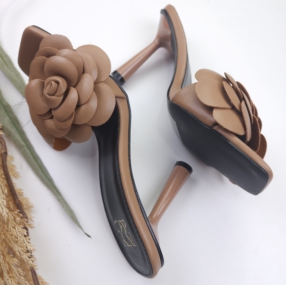 New NY&C Caramel Coffee Floral Square Toe Mules Sz 7 - Picture 6 of 9